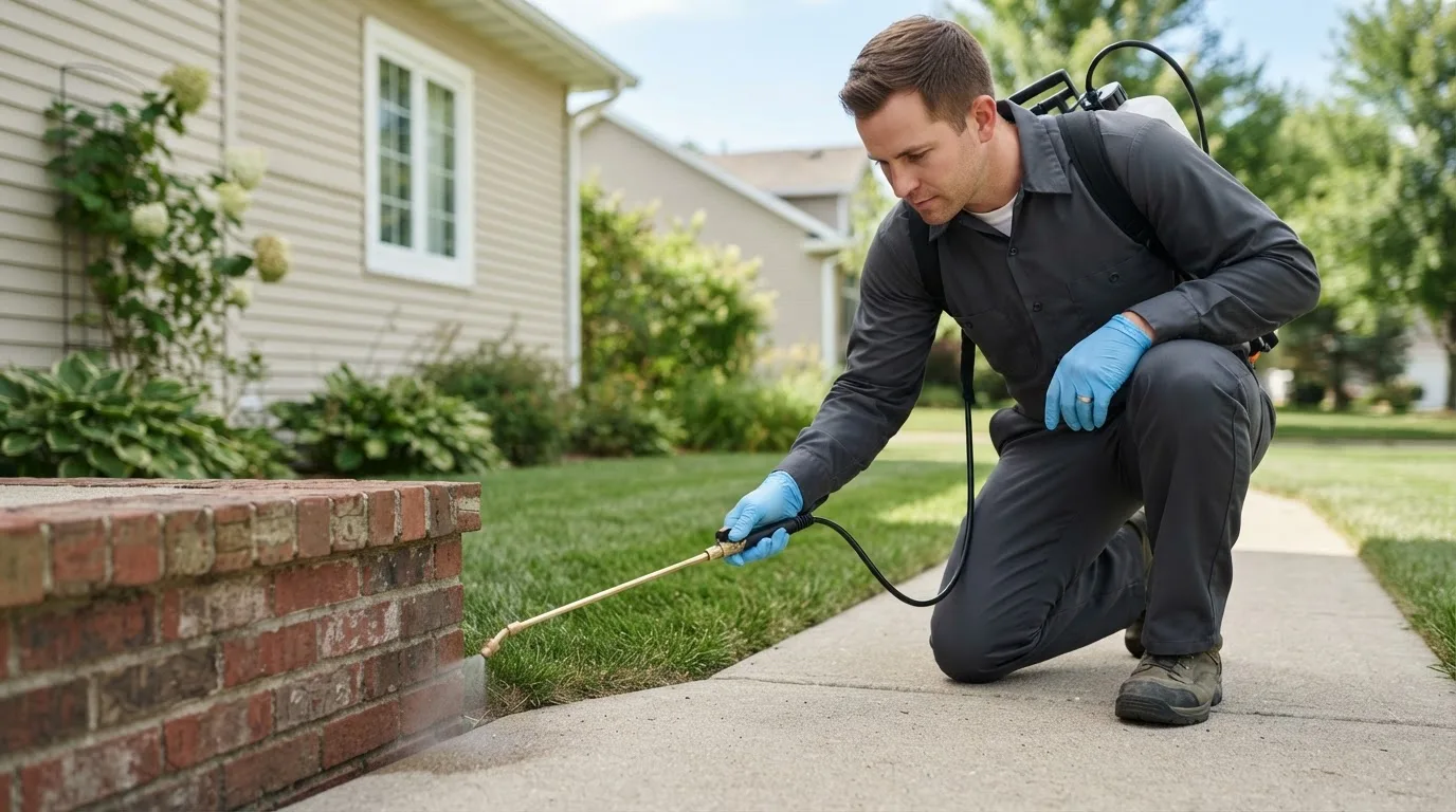 Pest control technician treating a home near Buckley, MI