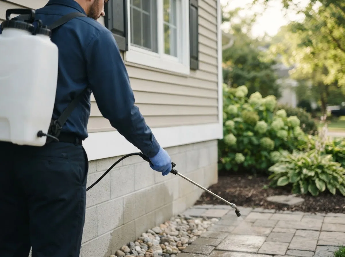 Pest control technician inspecting a home in Buckley, MI